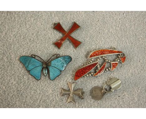 A collection of silver and enamel jewellery, including a silver and blue enamel butterfly brooch (damaged), a red guilloche e