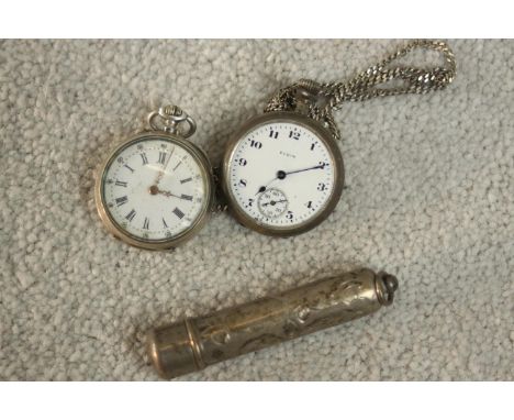 Two silver fob watches and a silver cheroot holder. An Elgin fob watch with white enamel face and silver curb chain along wit