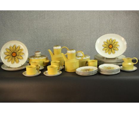 A large collection of 1972 Midwinter Stonehenge Flowersong pattern ceramics by Jessie, including platters, cups, saucers, pla