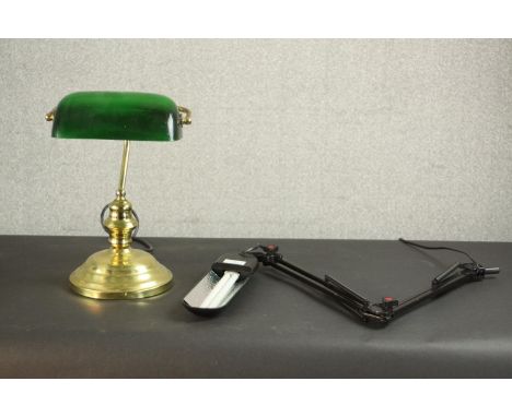 A 1930s’ style brass desk banker's lamp, with green shade along with a modern Continental anglepoise style lamp. L.100cm. (La