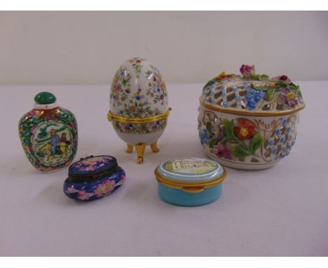 Dresden bowl and cover, an Oriental snuff bottle, a French pillbox, a Battersea enamel pill box and a ceramic box in the form