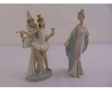 Two Lladro figurines, a ballerina and clown and an Art Deco flapper, marks to the base A/F