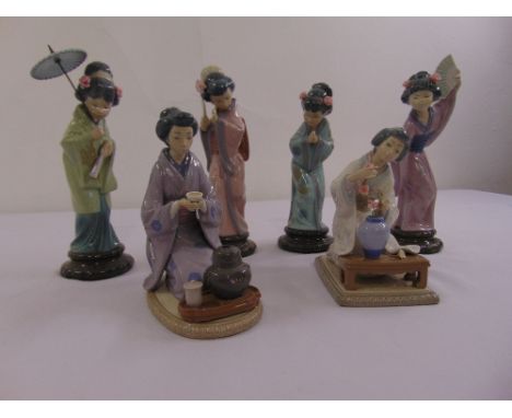 Six Lladro figurines of Geishas in various poses, marks to the base