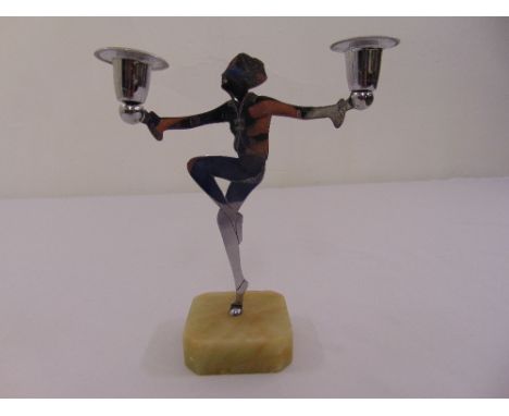 Art Deco chromed two light candelabrum in the form of a dancer on a square onyx base