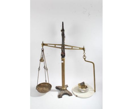 A set of balance scales, with a porcelain platform and brass dish 86cm high