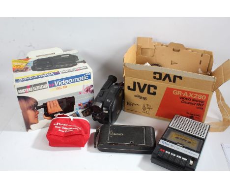 JVC Gr-AX280 video camera, together with an Amstrad Fidelity camera, two tins, booklets etc., (qty)