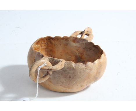 19th Century birch bowl, probably Scandinavian, with turned ring handles, 14cm wide across handles