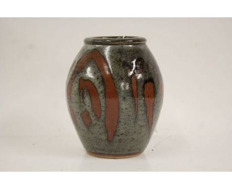 John Leach for Muchelney Pottery, a vase of ovoid form, the body with wax resist and mottled decoration, stamped to foot "14"