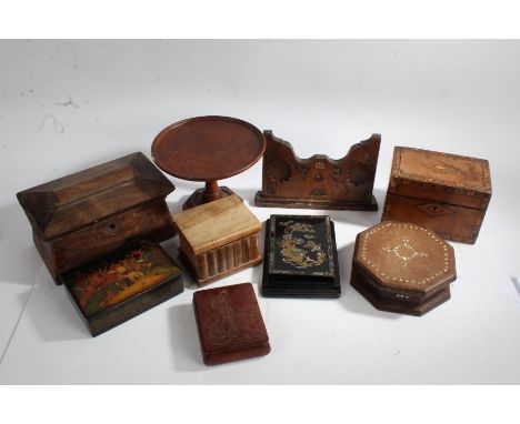 Collection of wooden ware, to include a 19th century rosewood sarcophagus tea caddy, an oak tazza, a Russian black lacquered 