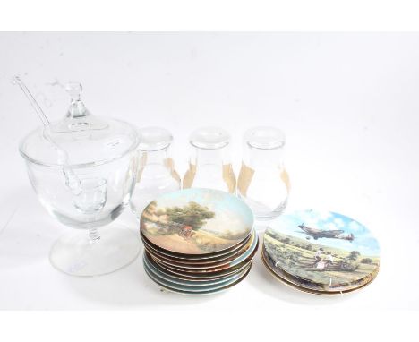 Quantity of collectors plates with German scenes, a glass punch bowl with lid and ladle and three glass carafes (qty)