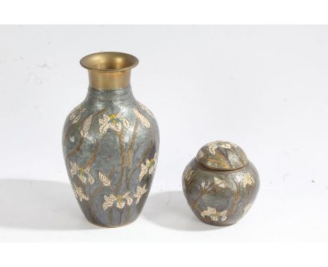 Unusual Indian enameled pot and cover together with a vase, with a silver blue body decorated with flowers (2)&nbsp;&nbsp;