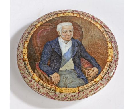 Mid 19th century Prattware pot lid featuring 'The Late Duke of Wellington', diameter 12 cm