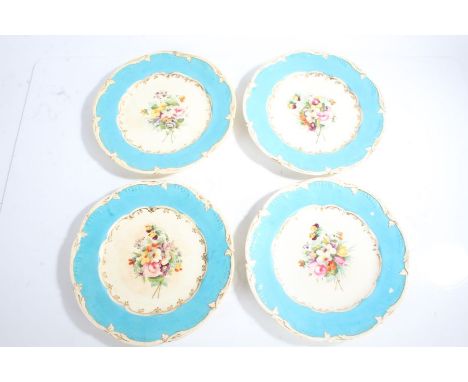 Collection of four 19th century hand painted porcelain plates, all decorated with a light blue border and a floral scene to t