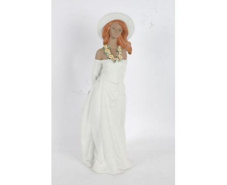 Tall Lladro stoneware figurine, in the form of a lady in white dress and hat, with flower necklace, 49cm tall