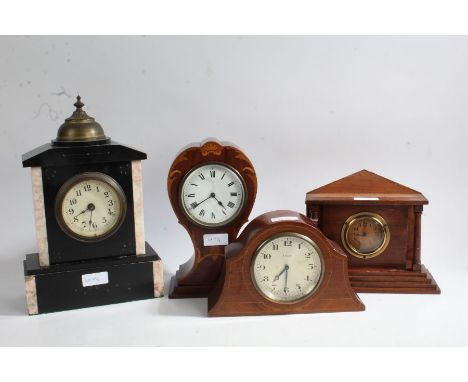 Four various mantle clocks, top include and Edwardian balloon shaped example, a late Victorian black slate clock, an Edwardia