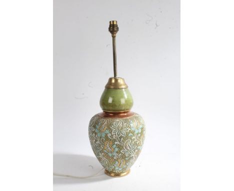 Doulton Lambeth double gourd Slater's Patent vase (converted to a lamp), the vase decorated with white and blue flowers on a 