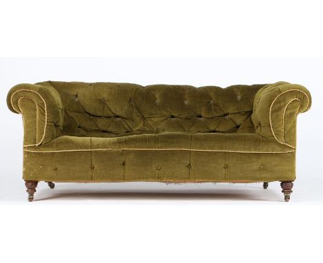 Victorian Chesterfield settee, upholstered in a green velvet type material with button back and rope twist border, raised on 