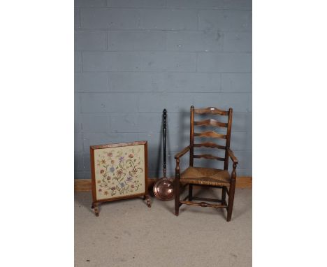 20th century elm ladder back chair together with floral needlework firescreen and a copper bed pan (3)