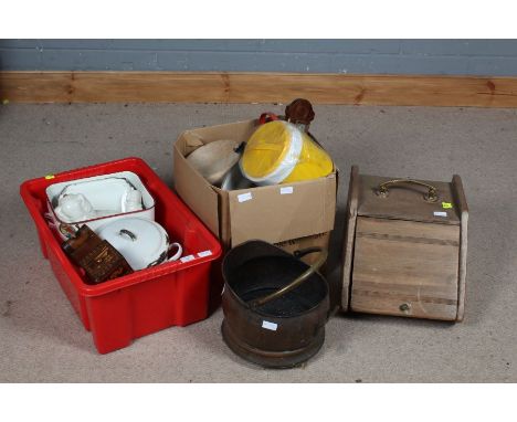 Collection of various, to include two coal scuttle, Schweppes ice bucket, enamel flour bins, barometer, an ash dish from Ickw