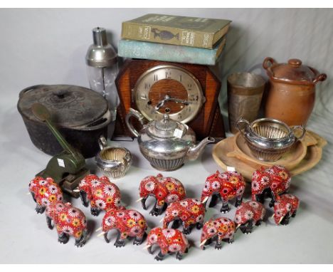 Ceramics and collectables, including; glass decanters, oak mantel clock, silver plated items, decorative vases and sundry, (q