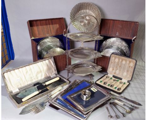 Silver plated wares, including; place mats, photograph frames, bowls and flatware, (qty). 