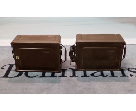 Militaria, two modern green painted metal ammunition boxes, 42cm wide x 20cm high, (2).