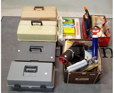 Three modern plastic tool boxes, largest 42cm wide x 26cm high, together with another quantity of modern boxed tools, (qty). 