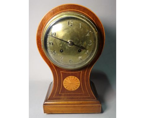 An Edwardian inlaid mahogany balloon shaped mantel clock with silver enamel dial, 19cm wide x 36cm high.  Condition Report Ba