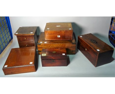 A 19th century mahogany tea caddy, a small two drawer chest and four further boxes, (6)