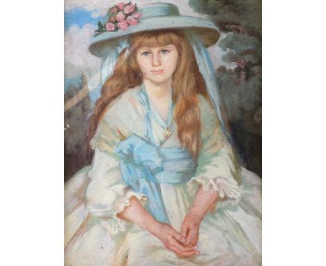 English School, late 19th/early 20th Century, Portrait of a girl in a white and blue dress, pastel, 74 x 53cm.