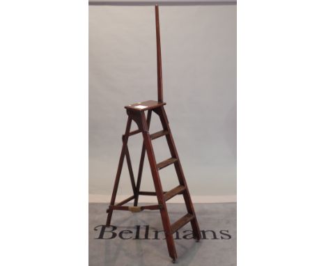 An early 20th century stained beech 'A' frame step ladder, 35cm wide x 212cm high. Condition Report Old marks and scratches a