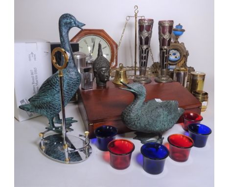 Collectables, including; two modern composite metal figures of ducks, 20cm high, a pewter tea set, a pair of modern silver pl