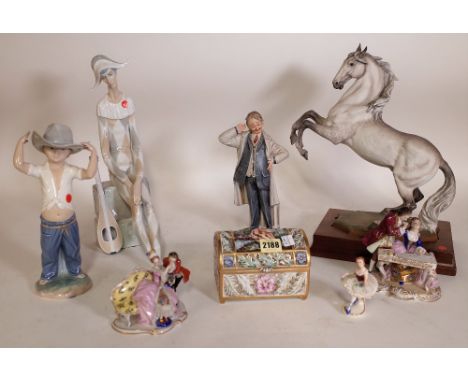 Ceramics, including; a Continental casket, Lladro figures, Capodimonte and sundry, (qty).  Condition Report Continental figur