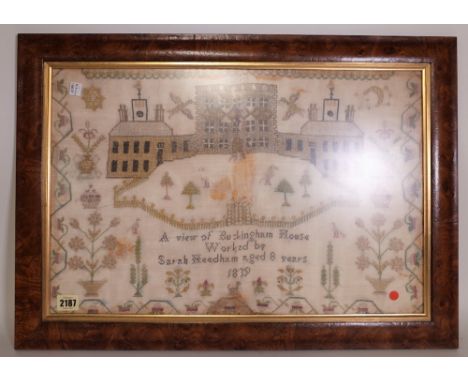 A 19th century framed needlework sampler, 64cm wide x 45cm high. 