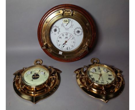Collectables, including, two brass wall clocks formed as portholes, 35cm diameter, a similar barometer and an inlaid hardwood