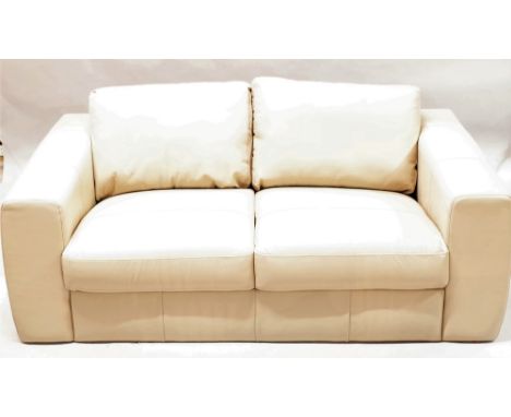 A modern two seat sofa with white leather upholstery, 126cm wide x 72cm high.