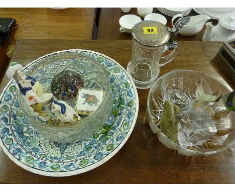 Mixed china and glassware and other ornaments to include a European splatter glass paperweight, and a white metal enamelled b