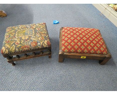 An early 20th century oak stool with tapestry upholstered top, along with another upholstered oak foot stool