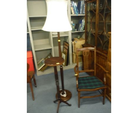 An Edwardian string inlaid mahogany open arm chair with a tartan upholstered seat on square, tapering legs, a modern mahogany