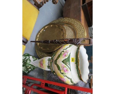 A mixed lot comprising two Asian brass trays, an African carved wooden walking stick and a Victorian earthenware jardiniere a