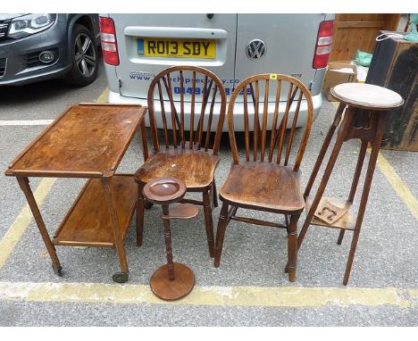 Mixed furniture include two stick back chairs, plant stand, two tier trolley and a floor standing ashtray