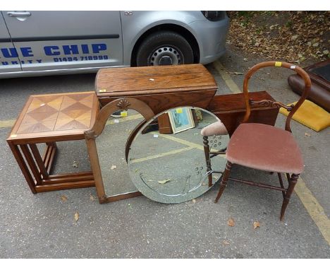 A mixed lot of furniture to include two gate leg tables, Victorian balloon back chair, nest of tables and two mirrors