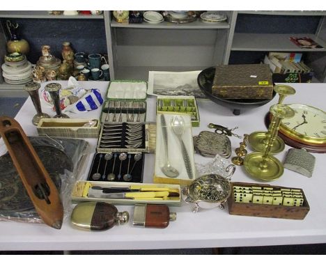 A mixed lot to include silver plate, brass ware, a clock, hip flasks, a bobbin and other items