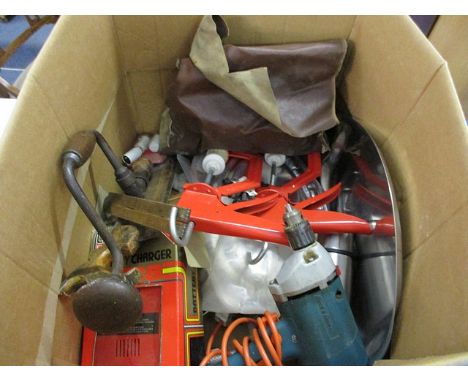 A mixed lot of items to include a battery charger, a drill, a right angle measure and other tools