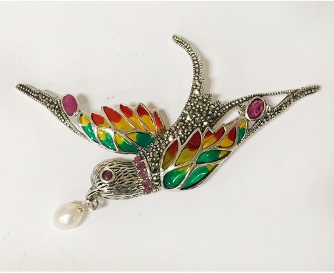 STERLING SILVER GEMSTONE BIRD BROOCH - RUBY &amp; PEARL