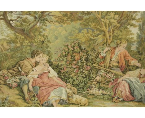 A French or Belgian machine woven framed tapestry, depicting a Watteauesque garden scene. H.90 W.126cm. 
