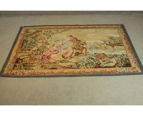 A beige ground handmade fine Abusson tapestry with figures. H.170 W.124cm. 