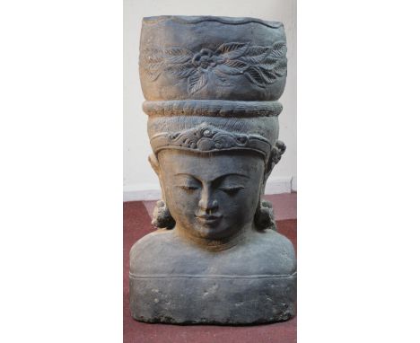 A very large 20th century Balinese Goddess carved stone head planter. H.92 W.48cm. 