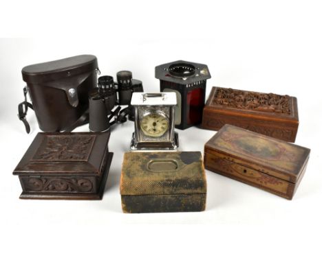 A carved sandalwood box, with floral detailing, length 27cm, with a carved oak box, a box decorated with Windsor Castle, a je