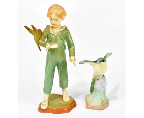 ROYAL WORCESTER; a figure of 'The Parakeet', by F.G. Doughty, height 17cm, with a Crown Staffordshire model of a bee-eater (2